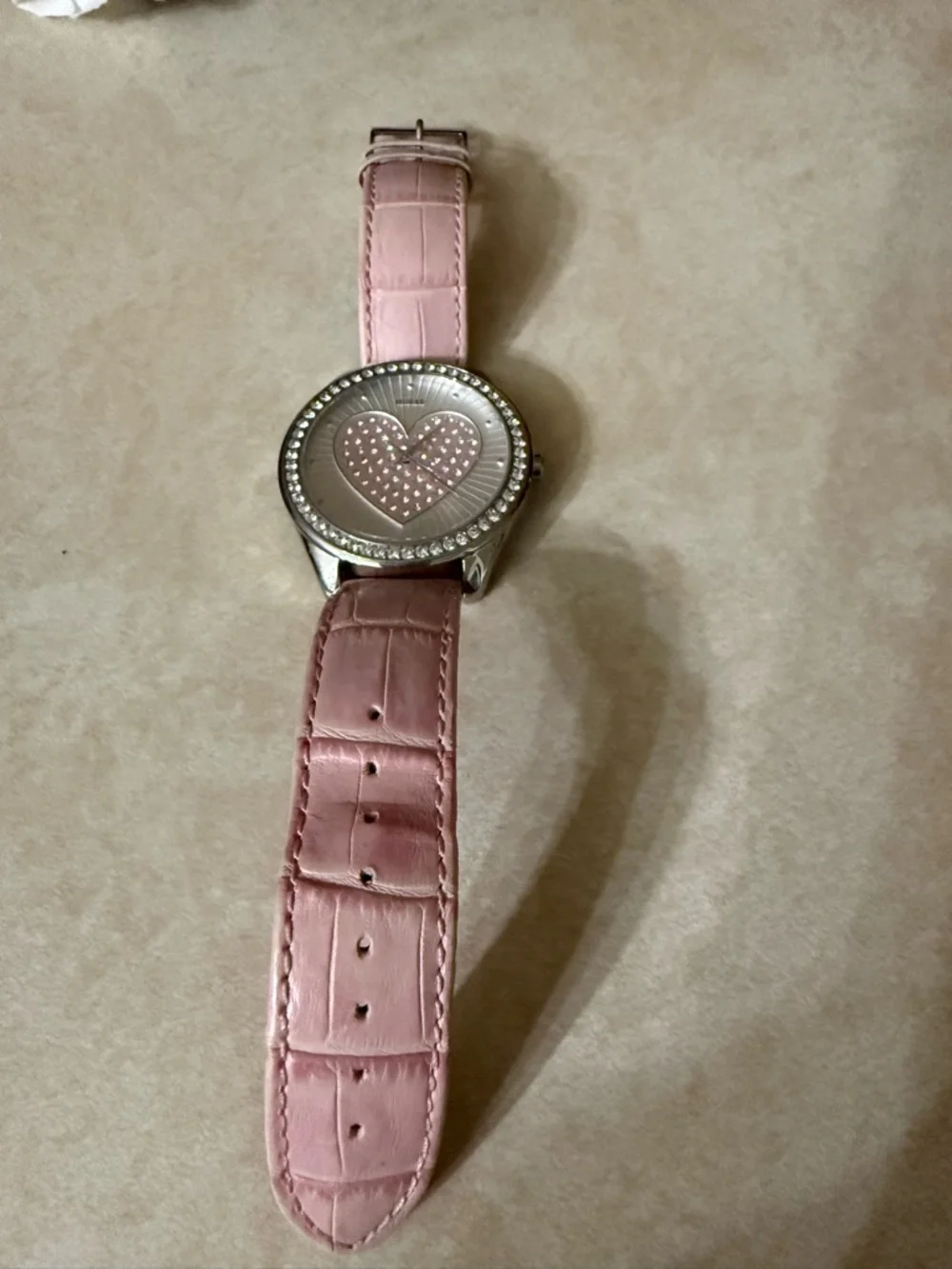 GUESS Women's Large Faced Heart Gemmed Pink Leather Band Stainless Steel Quartz